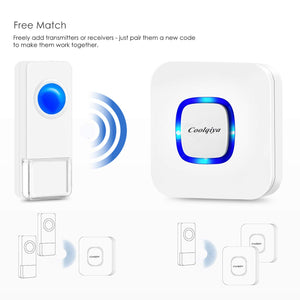 Remote 2 Bell Buttons & 1 Chimes White | Wireless Doorbells | Coolqiya
