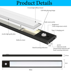 Closet Light, Led Under Cabinet Lighting, 50-LED Rechargeable Motion Sensor Closet Light Under Cabinet Magnet Wireless Stick-Anywhere Night Light Bar for Wardrobe, Stairs, Kitchen (30cm Black 1pc)