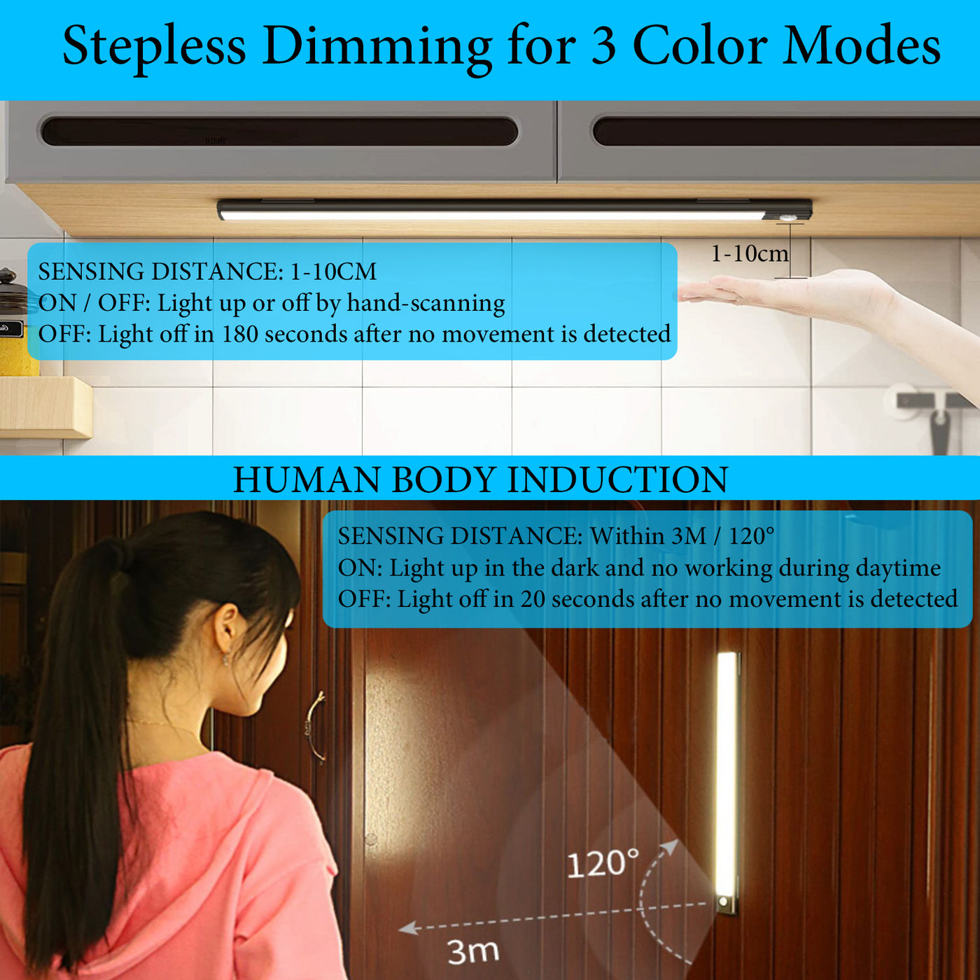 Coolqiya Rechargeable Motion Sensor Closet Light - 30cm LED Under Cabinet Light, Stepless Dimming