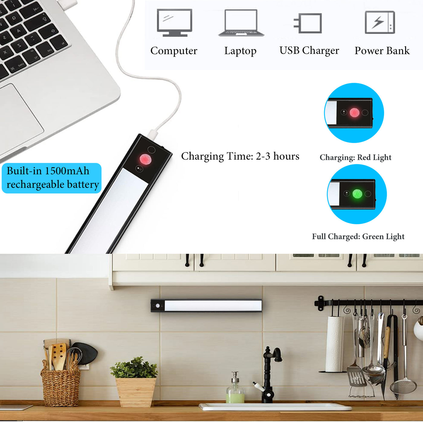 Coolqiya Rechargeable Motion Sensor Closet Light - 30cm LED Under Cabinet Light, Stepless Dimming