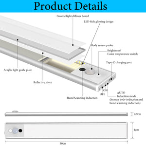 Closet Lights, Under Cabinet Lighting, Wireless USB Rechargeable Motion Sensor Night Light Bars with Large Capacity Battery Operated for Stairs/Wardrobe/Hallway/Kitchen/Bedroom (30cm-1pc, Silver)