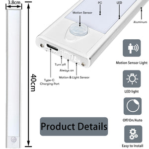 Closet Lights, Under Cabinet Lighting, LED 6000K Wireless USB Rechargeable Motion Sensor Night Light Bars with Battery Operated for Wardrobe/Stairs/Hallway/Camping/Kitchen (Silver, 40cm-1pc)