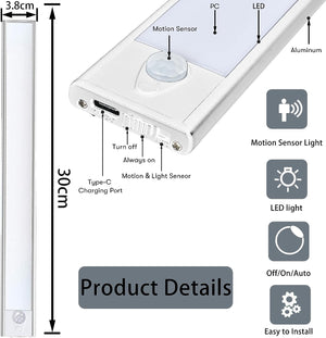 Closet Lights, Under Cabinet Lighting, LED Wireless USB Rechargeable Motion Sensor Night Light Bars with Battery Operated for Wardrobe/Stairs/Camping/Kitchen/Hallway (Silver, 30cm-1pc)