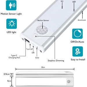 Closet Lights, Under Cabinet Lighting, Wireless USB Rechargeable Motion Sensor Night Light Bars with Large Capacity Battery Operated for Stairs/Wardrobe/Hallway/Kitchen/Camping (20cm Silver 1pc)