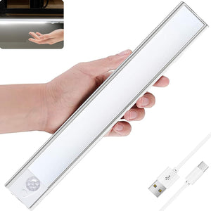 Closet Lights, Under Cabinet Lighting, Wireless USB Rechargeable Motion Sensor Night Light Bars with Large Capacity Battery Operated for Stairs/Wardrobe/Hallway/Kitchen/Camping (20cm Silver 1pc)