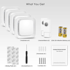 Electric door bells, Wireless Doorbell 2 Waterproof Transmitters and 4 Plug-in Receivers | Coolqiya